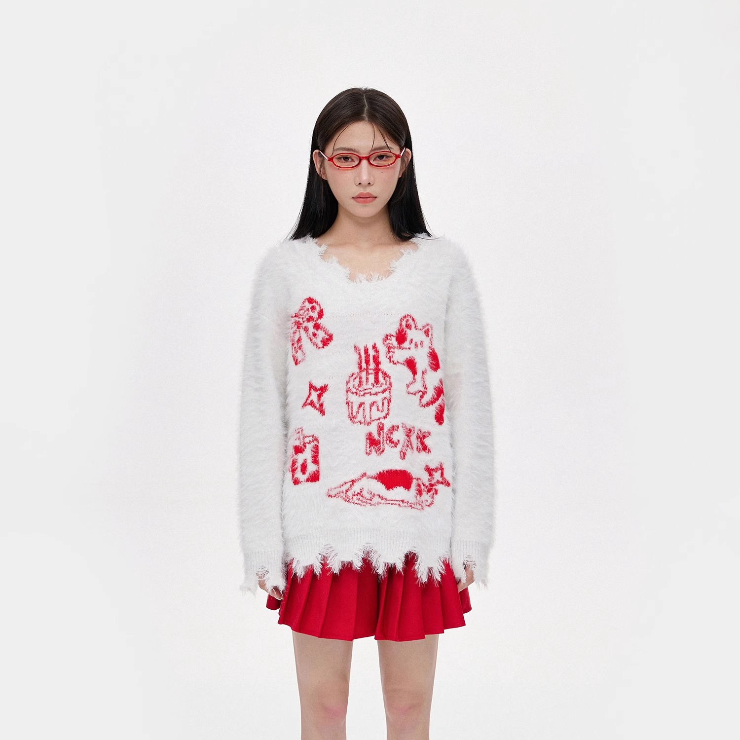 NCXK-猫猫生日会提花毛衣V领显瘦下摆不规则破烂750克重MY249