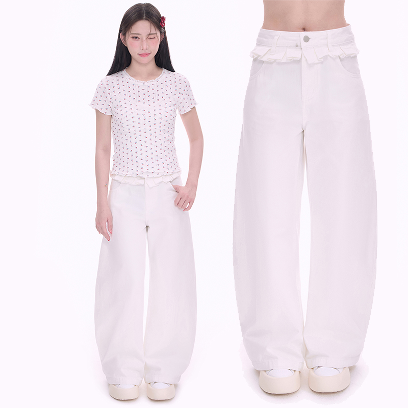 NCXK-纯色腰间花边设计牛仔裤宽松弯刀裤休闲显瘦KZ25001