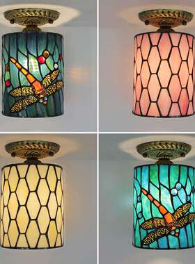 美式过道灯蒂凡尼彩色玻璃走廊灯玄关吸顶灯阳台入户蜻蜓蓝色灯具