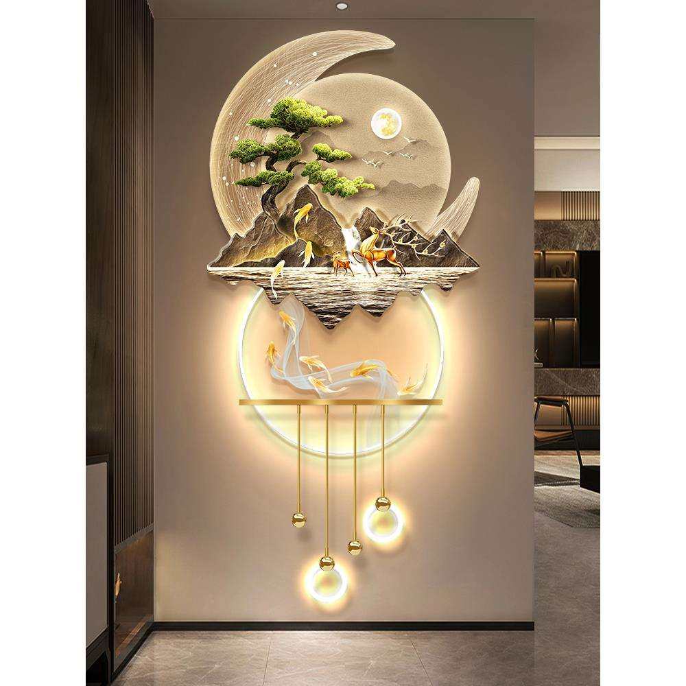 迎客松新中式玄关发光装饰画山水LED灯光挂画立体人体感应壁画灯