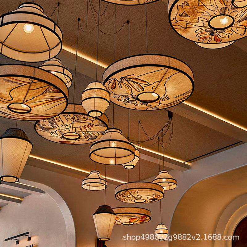 西餐厅吊灯地中海酒店民宿餐饮饭店大厅吧台艺术装饰布艺复古灯笼