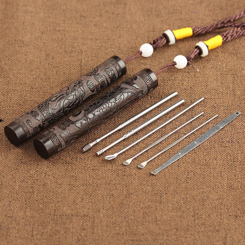 黑檀木雕刻采耳6件套挖耳勺掏耳清洁器弹簧双头旋转耳勺套装家用