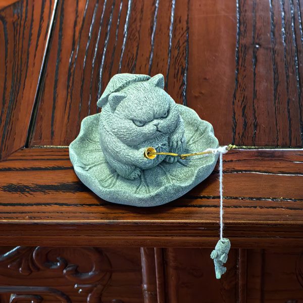 南树人侠客猫钓鱼摆件香插假山造景鱼缸桌面摆件居家送礼装饰茶宠