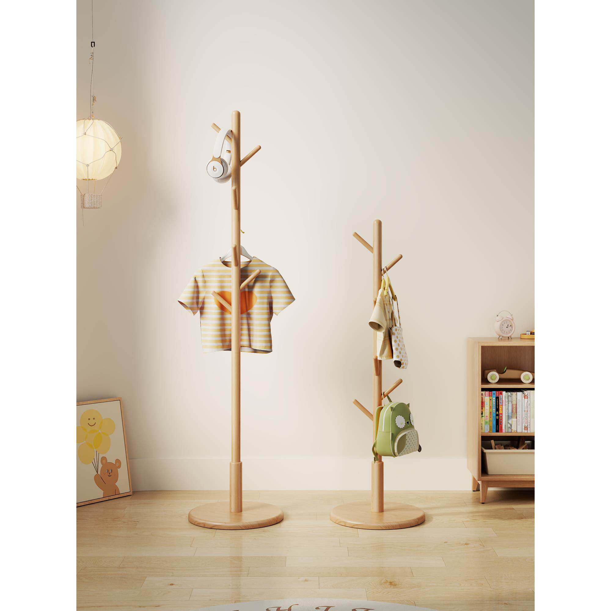 木屋记实木儿童挂衣架简约落地收纳架卧室挂衣杆小户型床边衣帽架