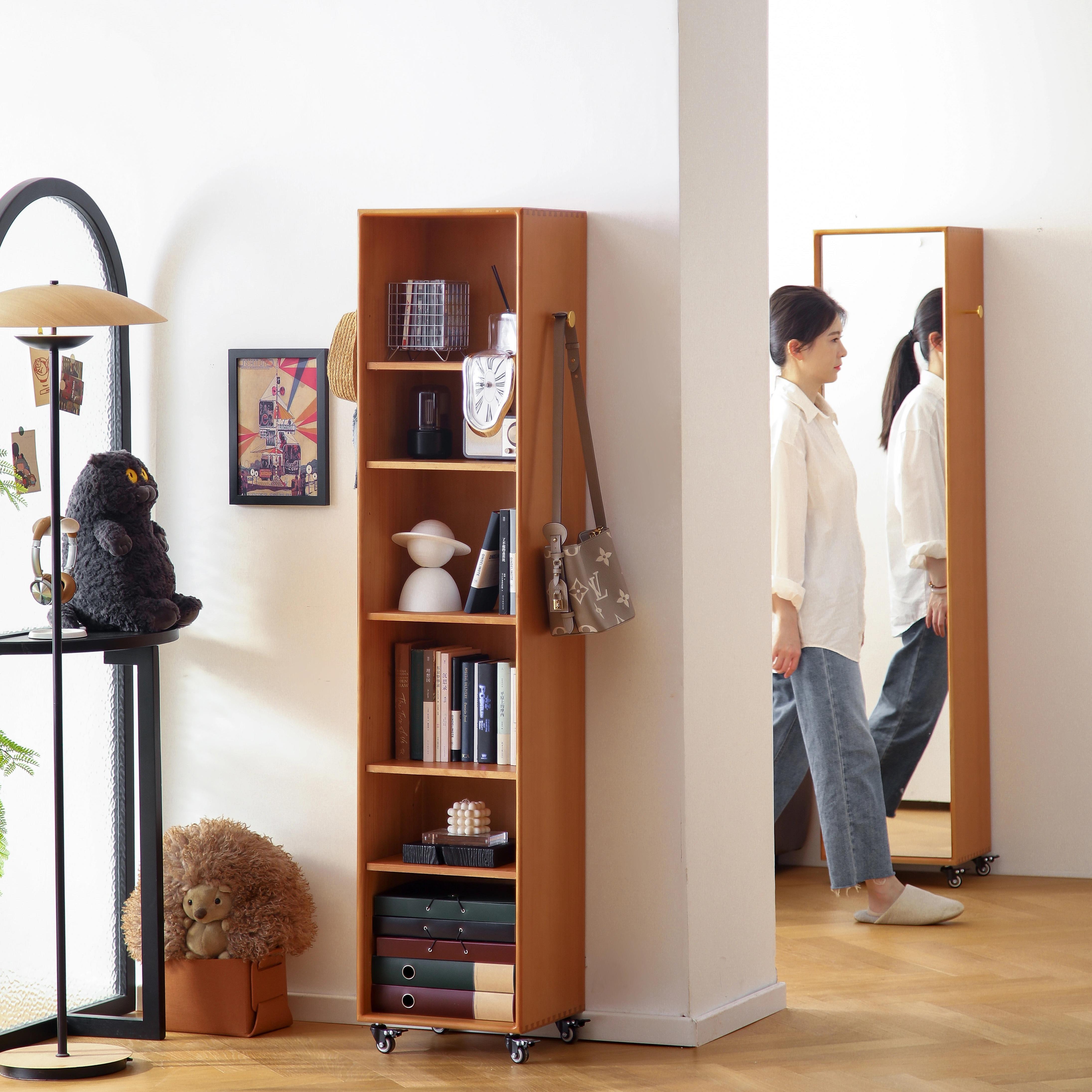 中古落地全身镜子创意家用杂志书柜覆古可移动收纳旋转实木全身镜