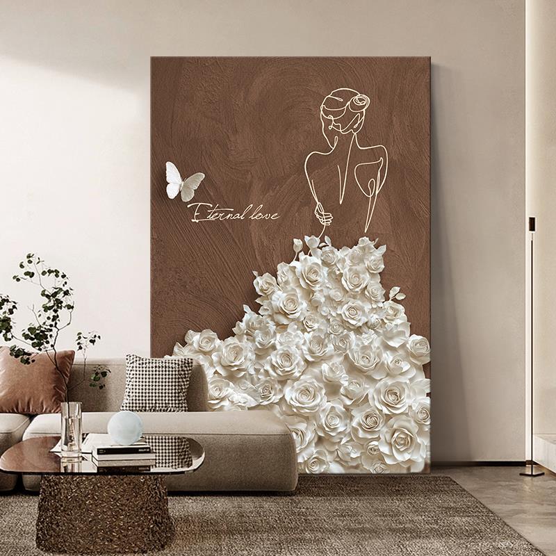 高级感客厅落地装饰画浮雕立体肌理感沙发背景墙挂画人物玄关壁画图片