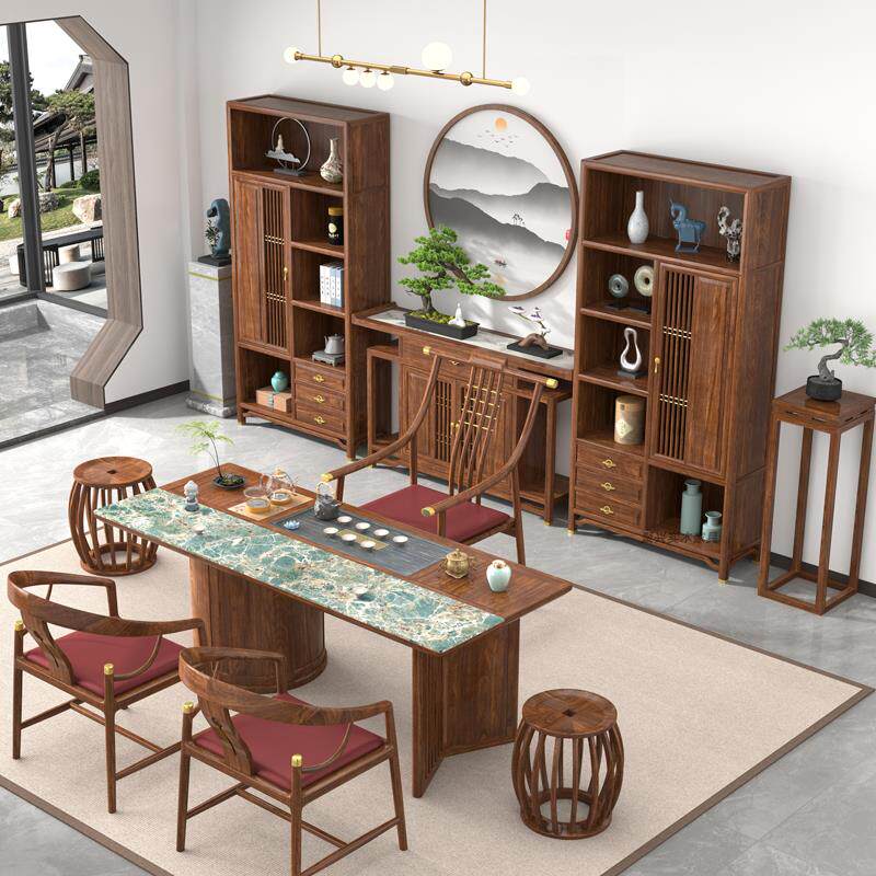 新中式乌金木实木茶桌博古架办公室书房岩石面嵌入式茶台功夫茶几