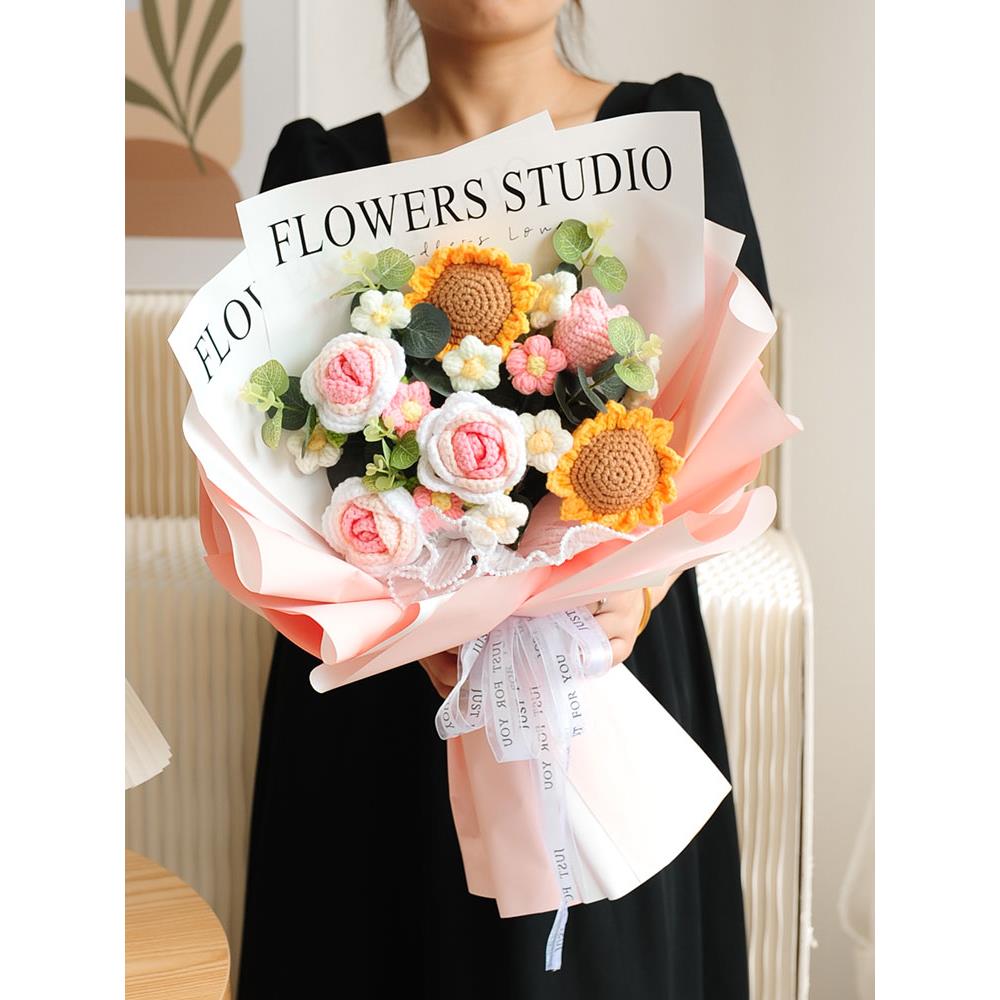 手工花束生日礼物针织编织毛线花仿真永生花玫瑰送女朋友闺蜜妈妈