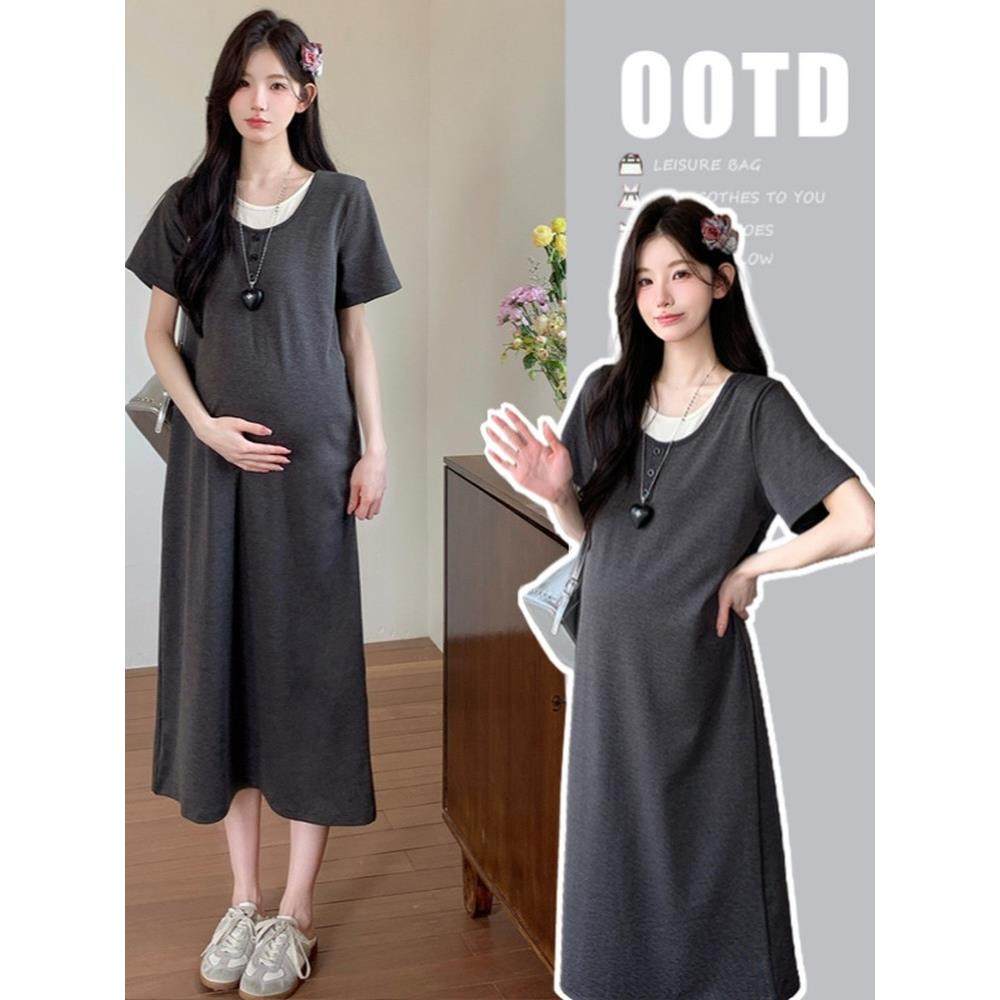 高级孕妇装2025新款裙子夏装冰丝假两件孕妇裙遮肚子不显怀连衣裙