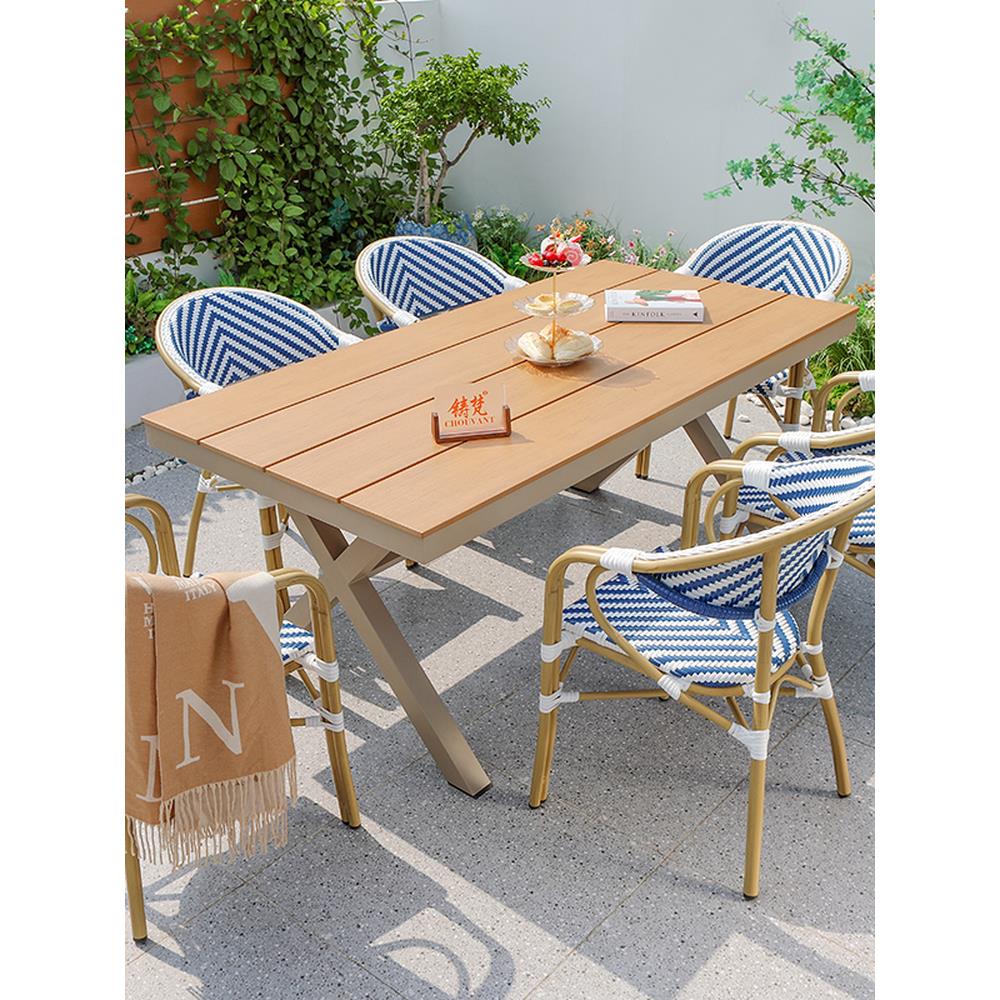 户外庭院桌椅休闲花园外摆编藤椅铝合金塑木奶茶店咖啡厅商业街桌