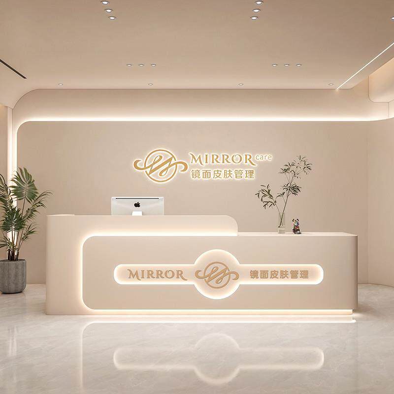 智能美容院吧台公司前台接待台桌服装店婚纱摄影舞蹈室弧形收银台