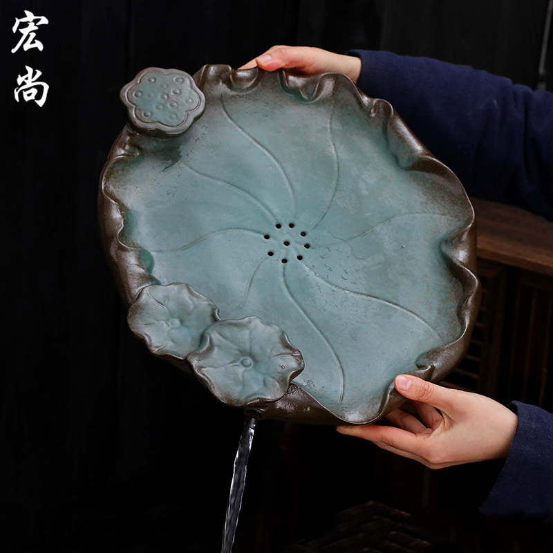 鎏金粗陶莲花干泡台大号茶盘排水托盘家用储水台陶瓷圆形沥水茶具
