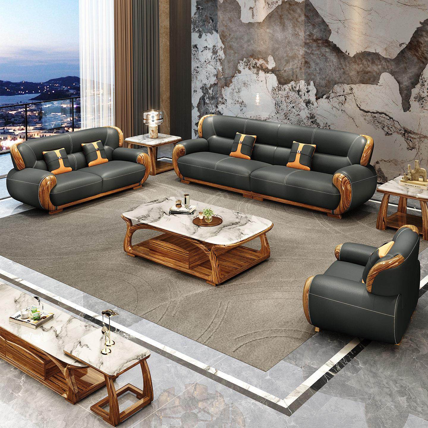 新中式乌金木真皮沙发现代简约客厅大坪数头层黄牛皮新款实木组合