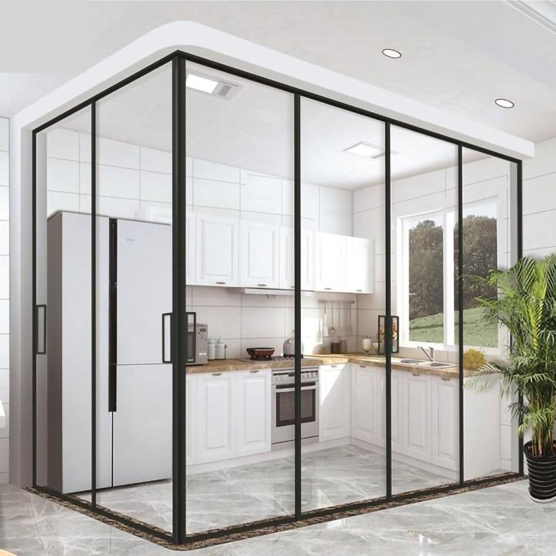 L型转角极窄三联动吊轨地轨推拉门 厨房开放式玻璃移门意式极简隔