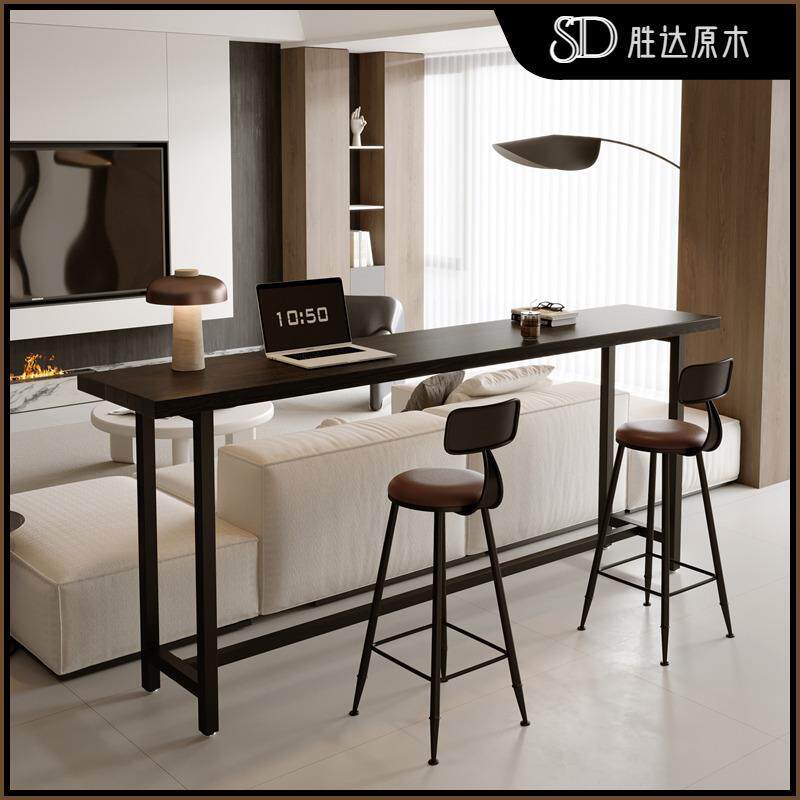 极简实木吧台桌黑色横厅隔断沙发后长条桌家用咖啡高脚桌原木书桌