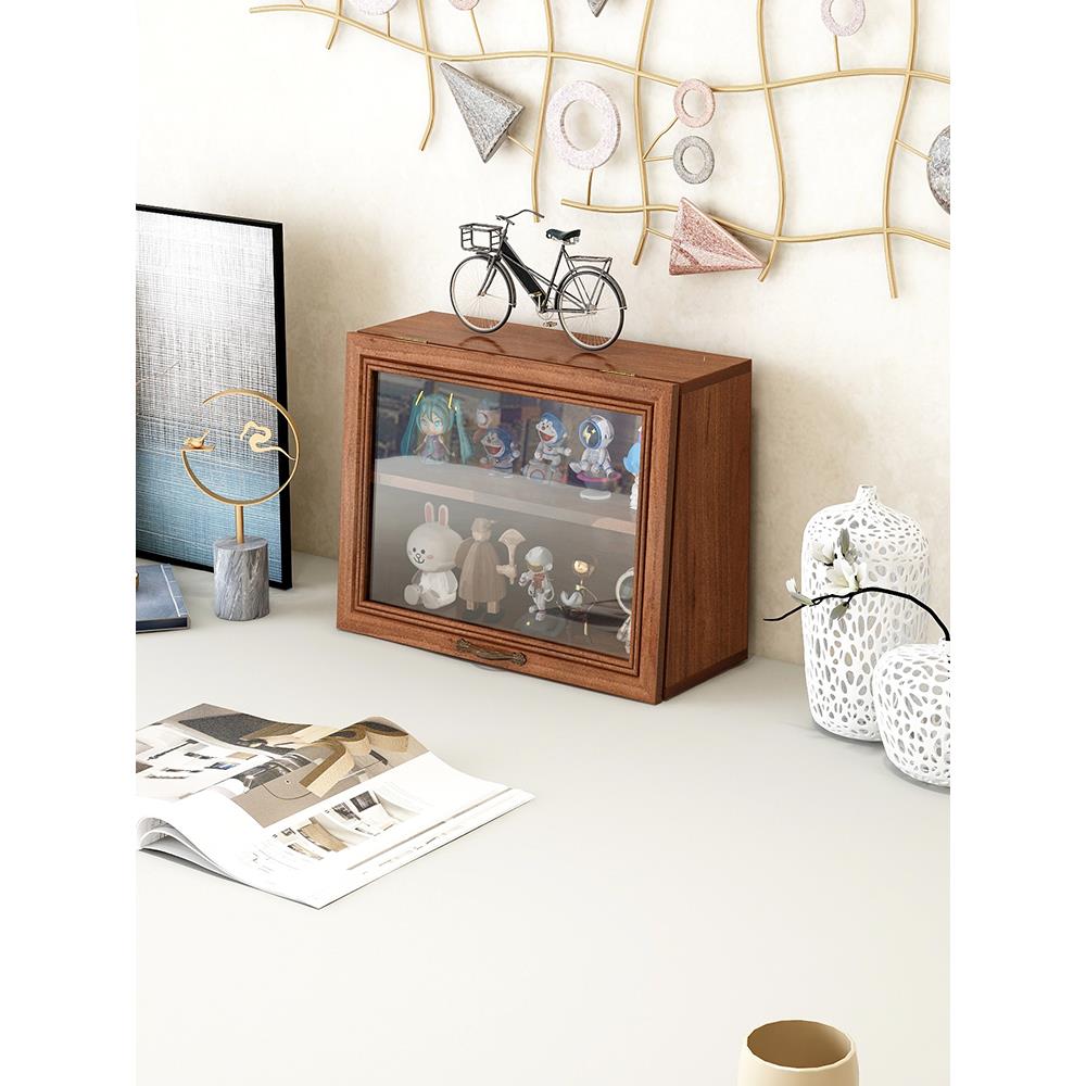 桌面收纳盒木质复古梳妆台香水化妆品置物架书桌桌上杯子柜子简约