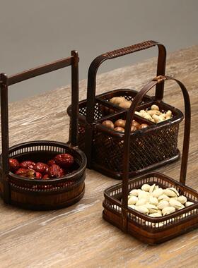 竹覆古篮储存水果盘篮背包家用漆器食品盒与午餐盒茶道具储存篮