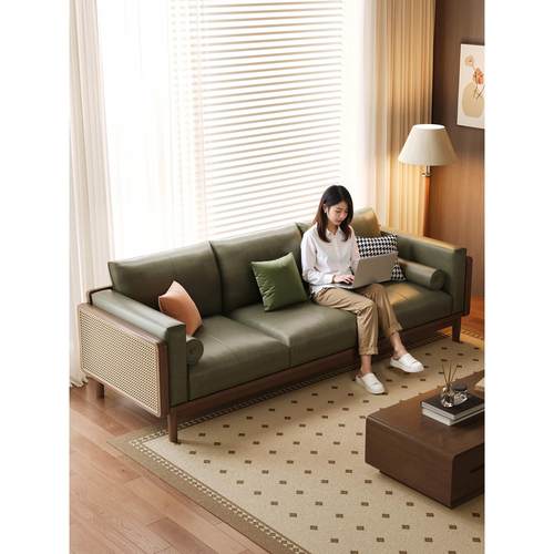 覆古实木沙发客厅家用小户型三人直排休息区接待新中式藤编皮沙发