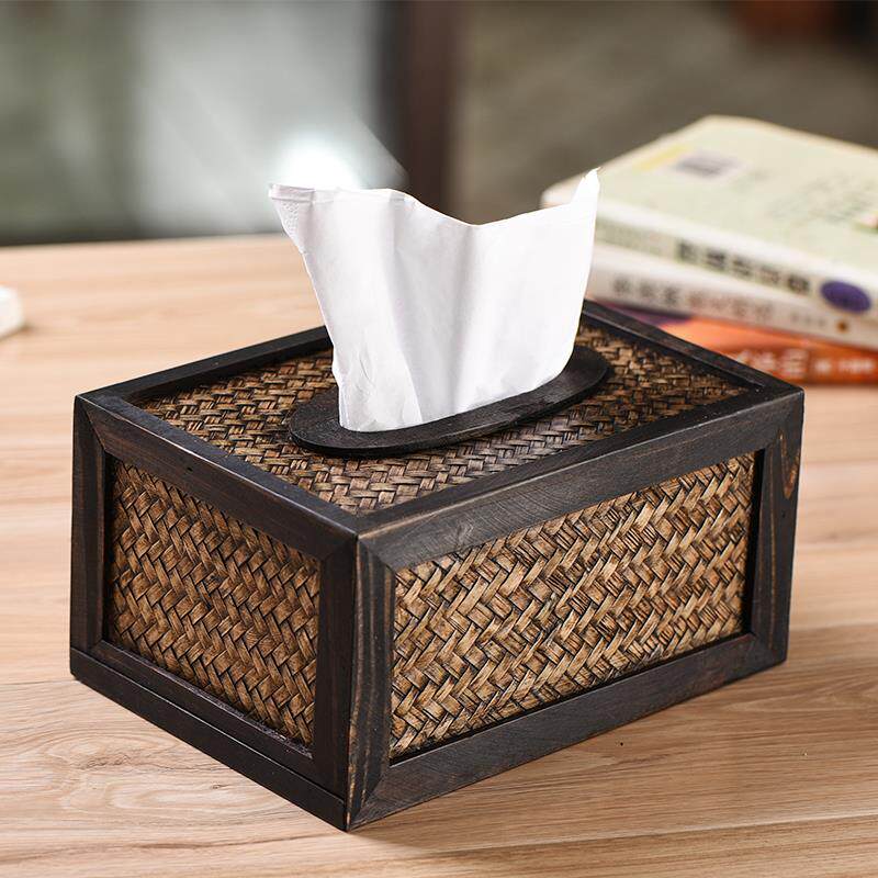 创意竹编收纳纸巾盒木质复古茶室客厅家用新中式藤编餐巾纸抽纸盒