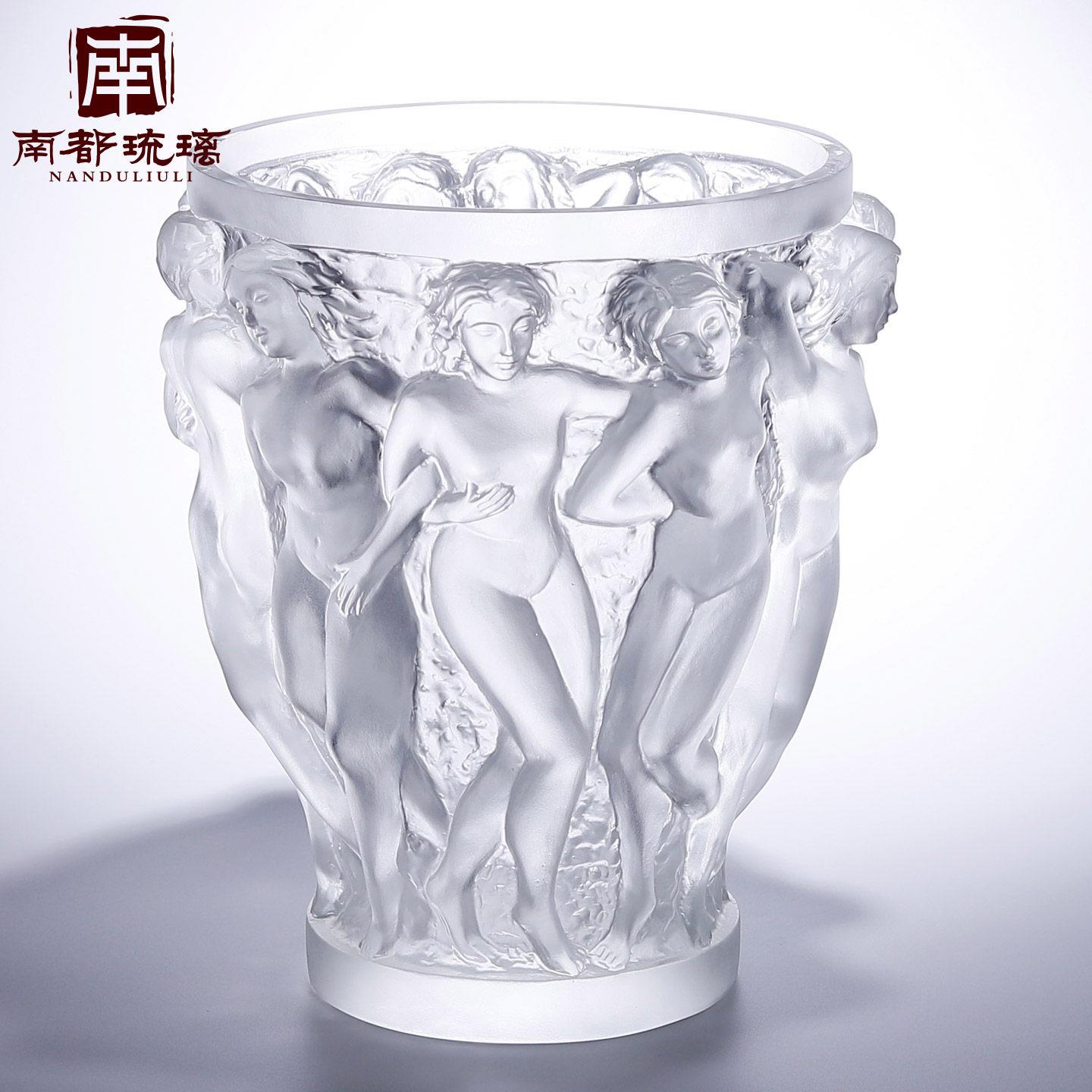 法式水晶琉璃浮雕艺术品出口莱俪高级感客厅高档美女花瓶装饰摆件