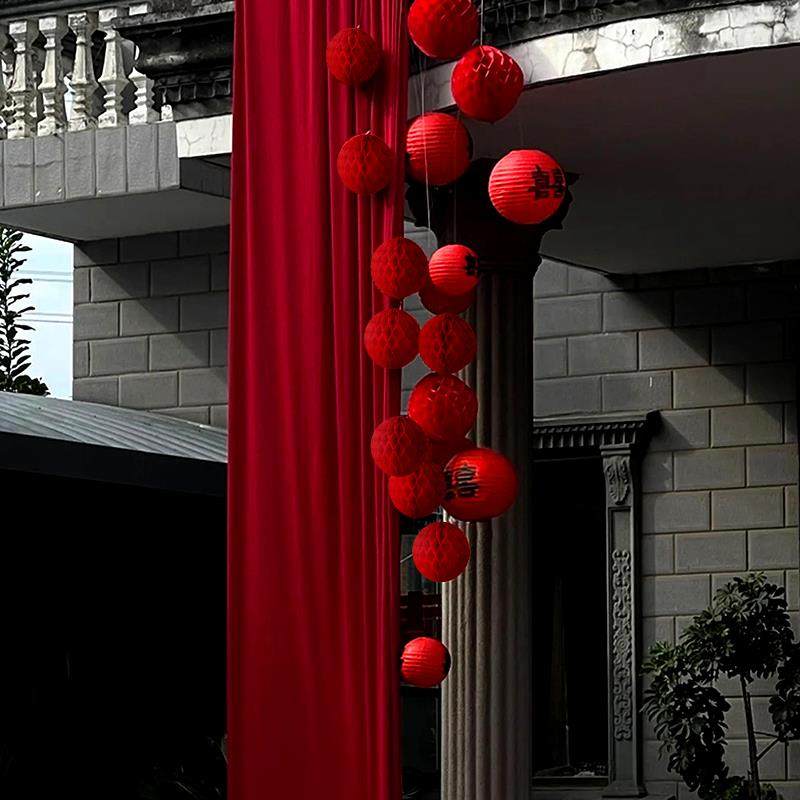 树上喜字灯笼庭院挂饰大门口农村院子结婚装饰婚礼婚房布置男女方