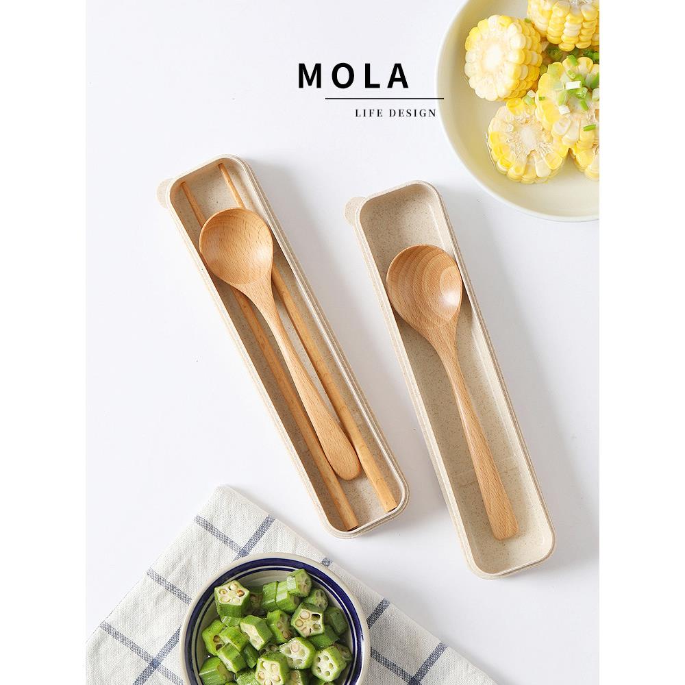 Mola.Stalk。筷子和勺子套装办公室职员木制学生旅行便携式简易餐