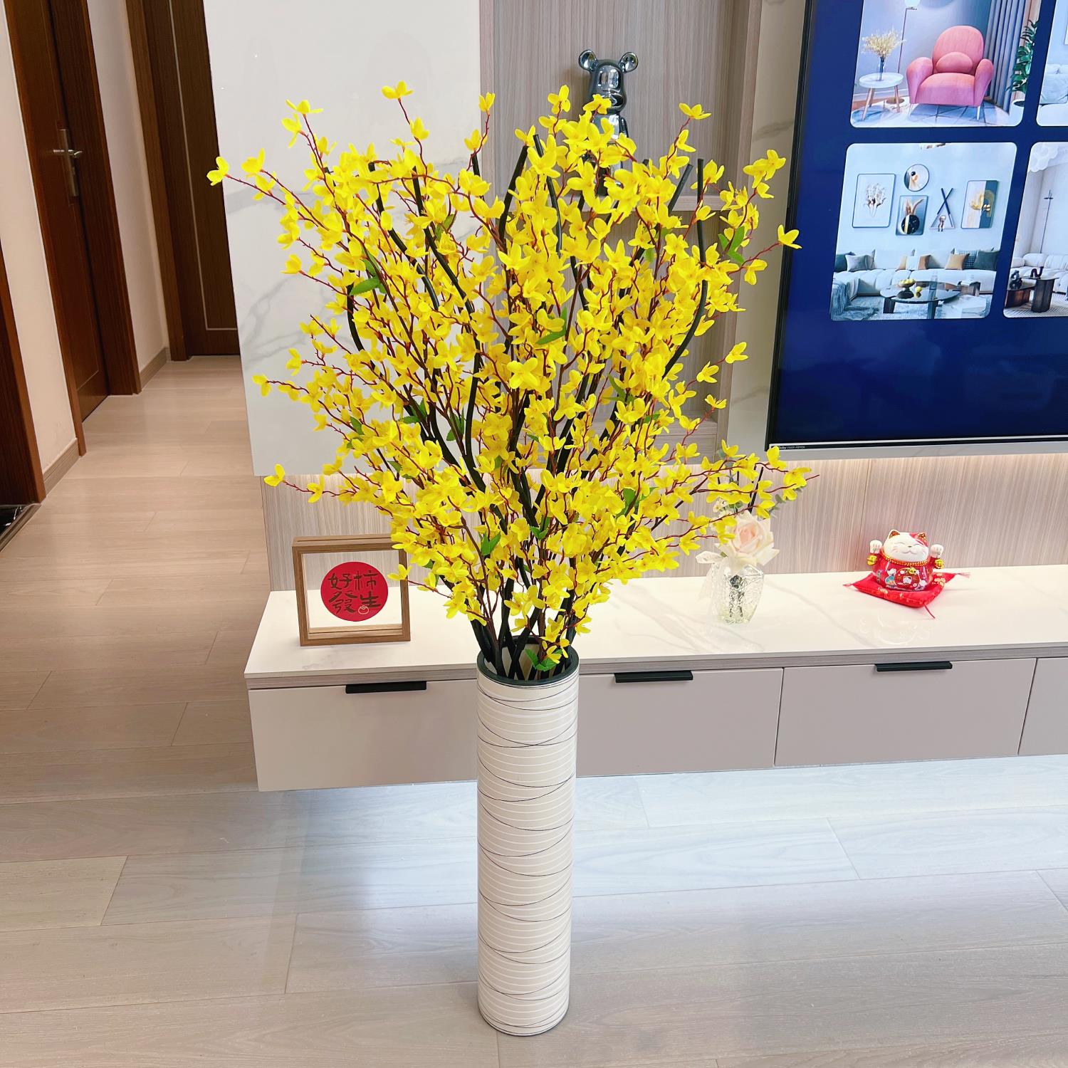 迎春花彷真花摆件客厅落地插花绢布花假花家居花瓶摆设装饰品花艺