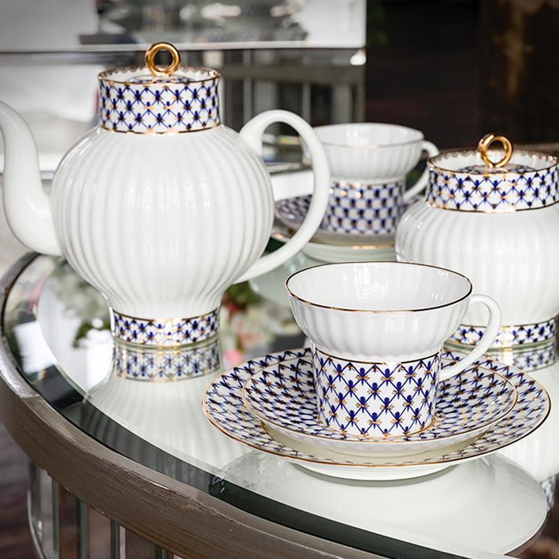 俄皇LOMONOSOV瓷白钴蓝系列咖啡杯碟欧式轻奢下午茶茶具套装礼盒