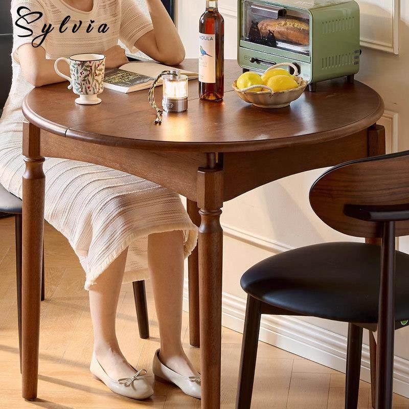 中世纪风格实木家庭圆形椭圆形可折叠餐桌和椅子组合覆古圆桌餐桌