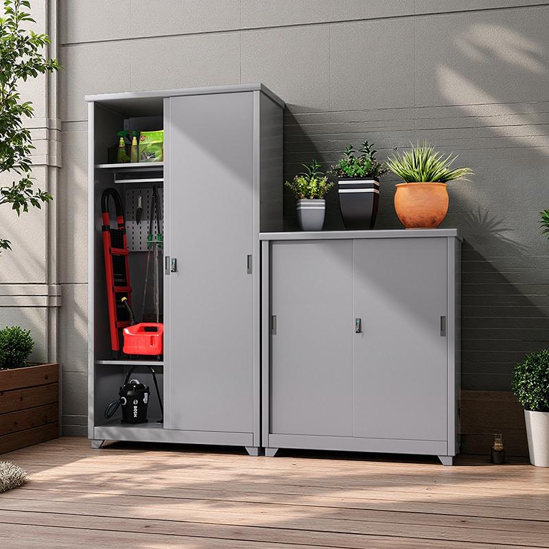 家用钢制储物柜防水防晒阳台杂物收纳柜靠墙一体储物柜推拉门衣柜