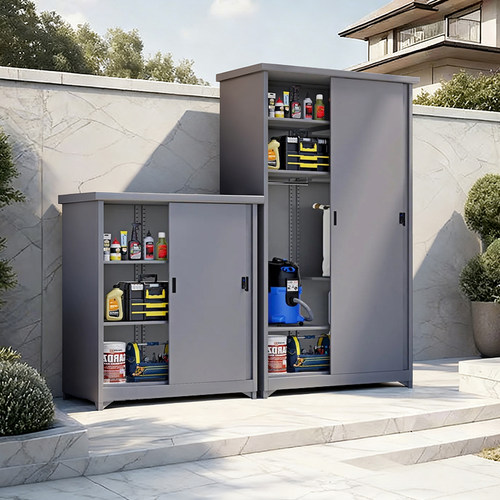 户外钢制推拉门储物柜防水防潮阳台收纳柜庭院工具柜多层置物柜