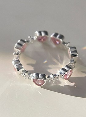 925粉色爱心闪钻戒指女戒指小众设计ins风甜美可爱时尚