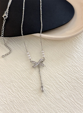 珍珠蝴蝶结吊坠项链 小众设计感高级锁骨链轻奢曼妙纯欲少女颈炼