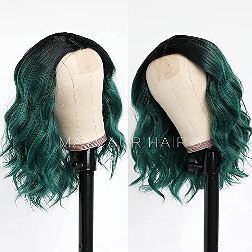 Maycaur Green Wigs Short Body Wave Lace Front Wigs Black Gre