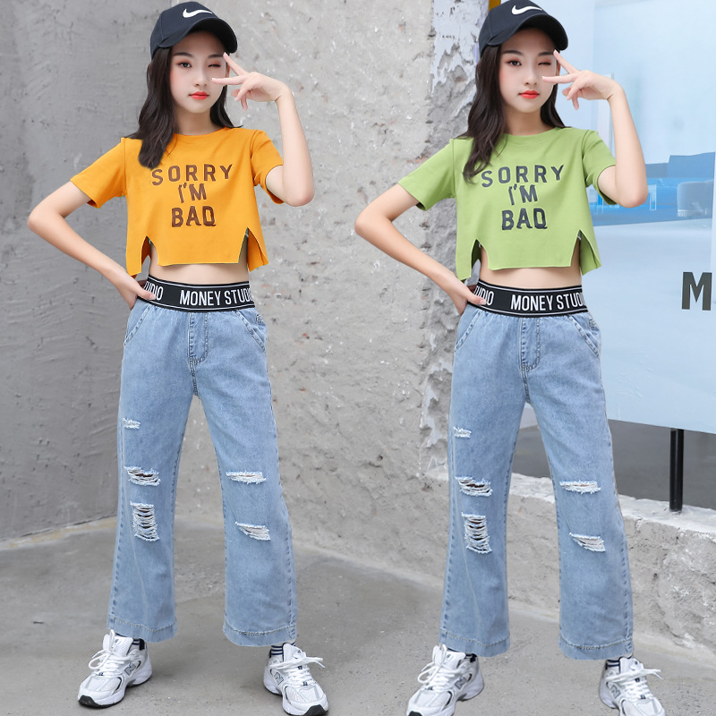 跨境女童套装夏装2022新款小女孩短袖网红牛仔阔腿裤两件套潮