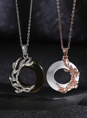 情侣项链纯银一对黑曜石天然玉石吊坠女款小众生日礼物送男生男友