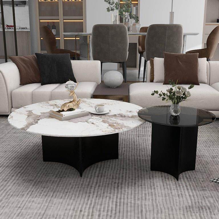 现代简约岩板茶几客厅家用小户型意式轻奢高级感圆形玻璃边几组合