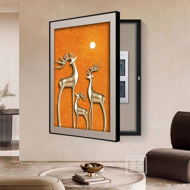 热销现代轻奢电表箱画装饰画竖版配电箱抽象麋鹿遮挡弱电闸开关盒图片