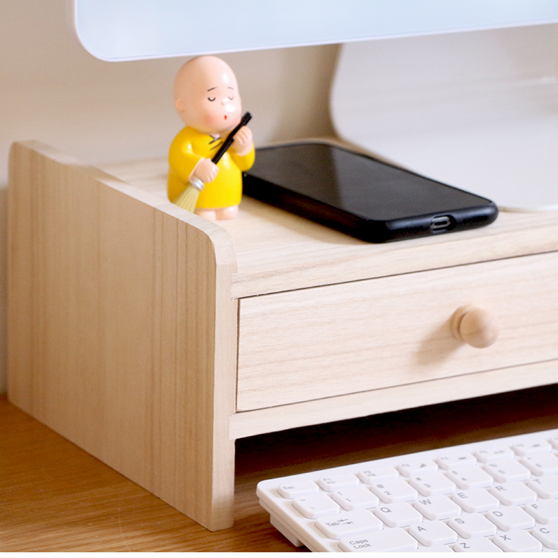 热销护颈台式电脑增高架显示器底座办公室桌面收纳盒抽屉式实木置