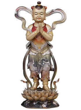 热销吾堂吾器 黄铜《善财童子龙女》掐丝珐琅镶金佛像摆件 家居工