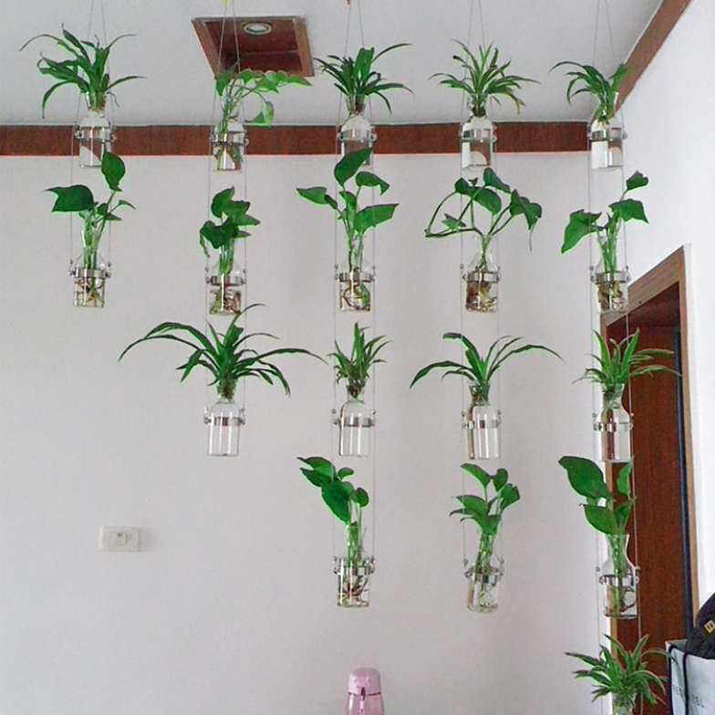 热销创意轻奢玻璃水培花瓶绿植隔断家居幼儿园植物风铃墙上装饰品