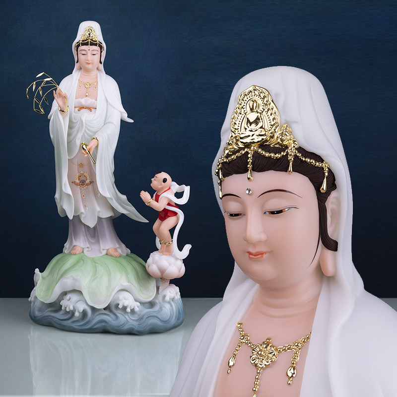 好货汉白玉彩绘观音菩萨家用站立观音佛像童子拜观音南海观音客厅