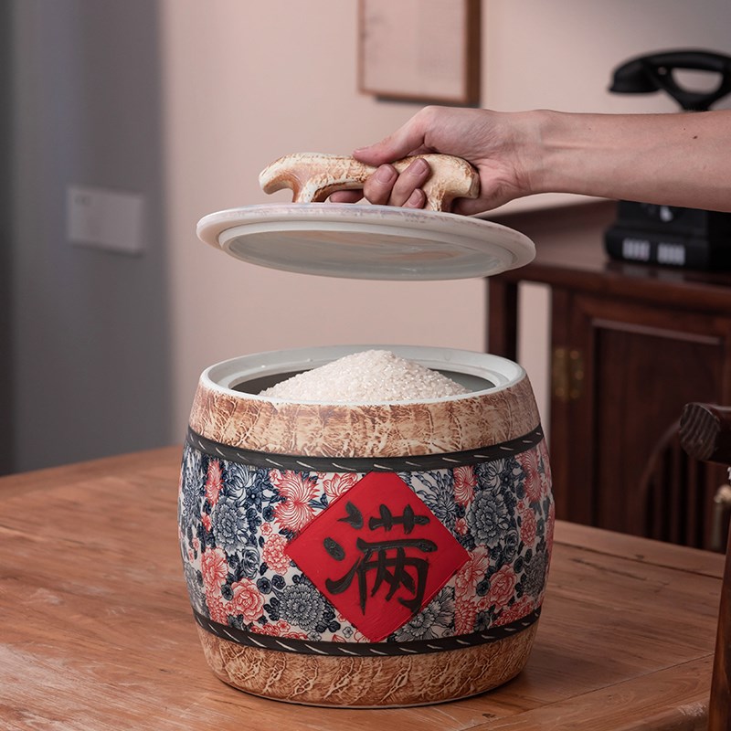 好货陶瓷米缸带盖家用米桶防虫防潮复古田园风景德镇陶瓷米罐