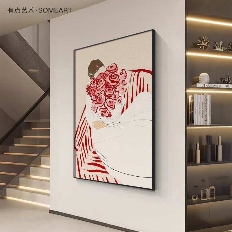 好货粉色奶油风客厅沙发背景墙装饰画治愈系人物卧室床头壁画玄关