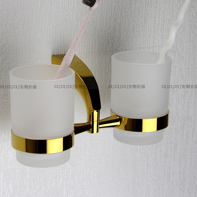 全铜壁挂双杯牙刷架 金色牙膏牙刷置物架 网红浴室水晶玻璃牙杯架