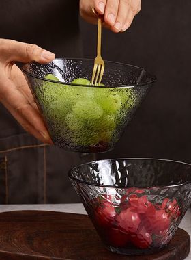 家用茶色碗高颜值菱形斗笠玻璃沙拉碗冰纹竖条纹锤纹V形碗3款可选