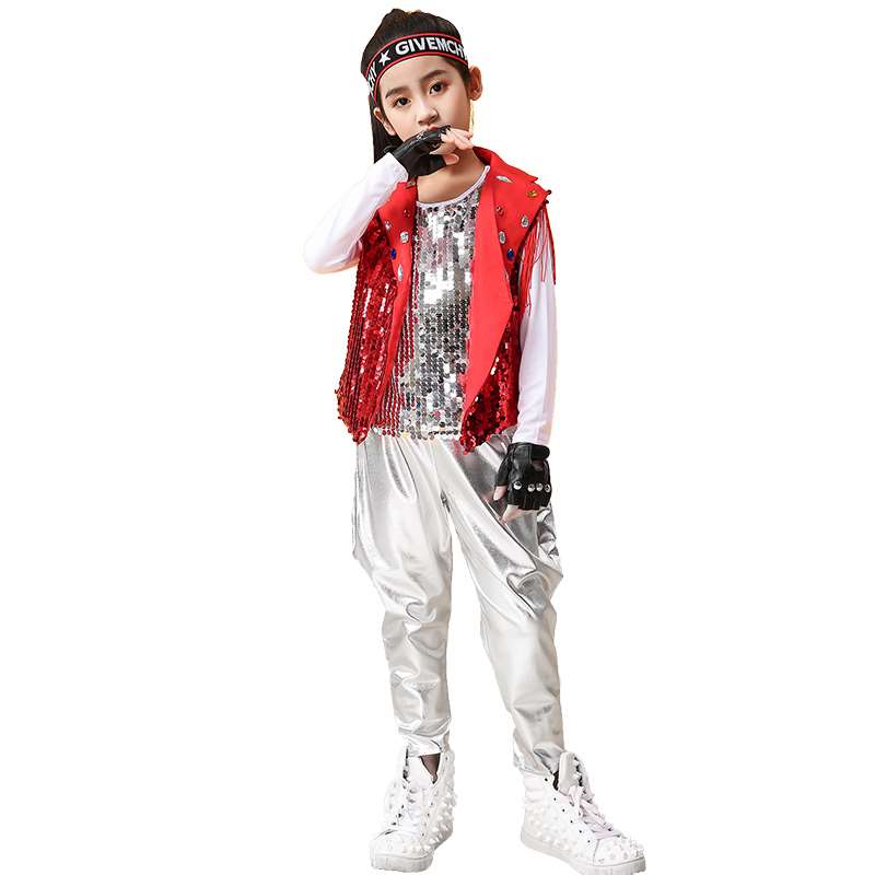 新儿童亮片爵士舞演出服女孩走秀架子鼓表演服翻领马甲长袖套装男