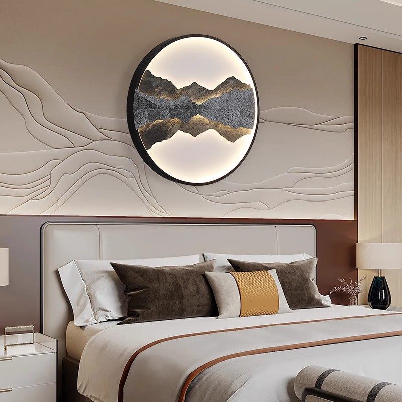 宋式美学入户玄关装饰壁灯客厅背景墙茶室禅意岩板圆形山水led灯