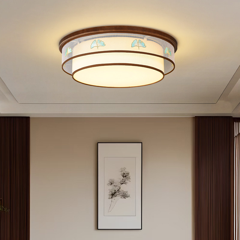 宋氏美学新中式实木吸顶灯卧室餐厅书房灯具圆形布艺灯罩暖光家用