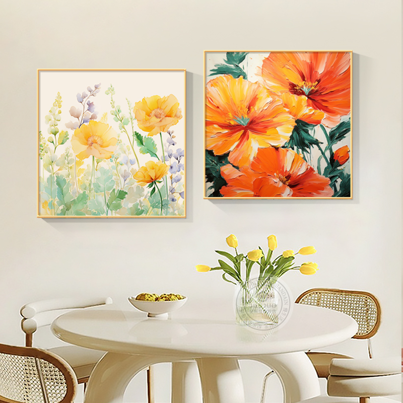 热销北欧向日葵花卉饭厅装饰画饭厅现代轻奢餐桌挂画客厅组合壁画图片